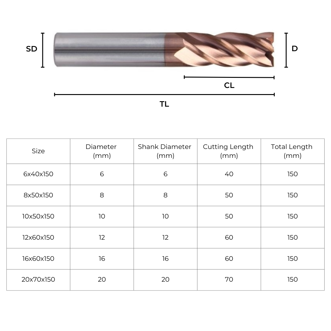 Carbide End Mill Extra Long Ø8x50x150 4 Flute