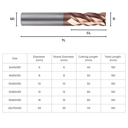 Carbide End Mill Extra Long Ø10x50x150 4 Flute