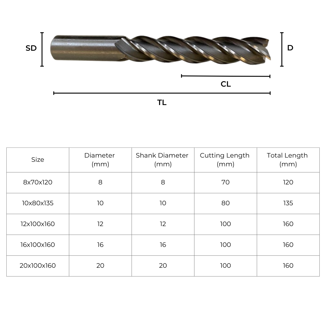 HSS End Mill Extra Long Ø12x100x160 4 Flute