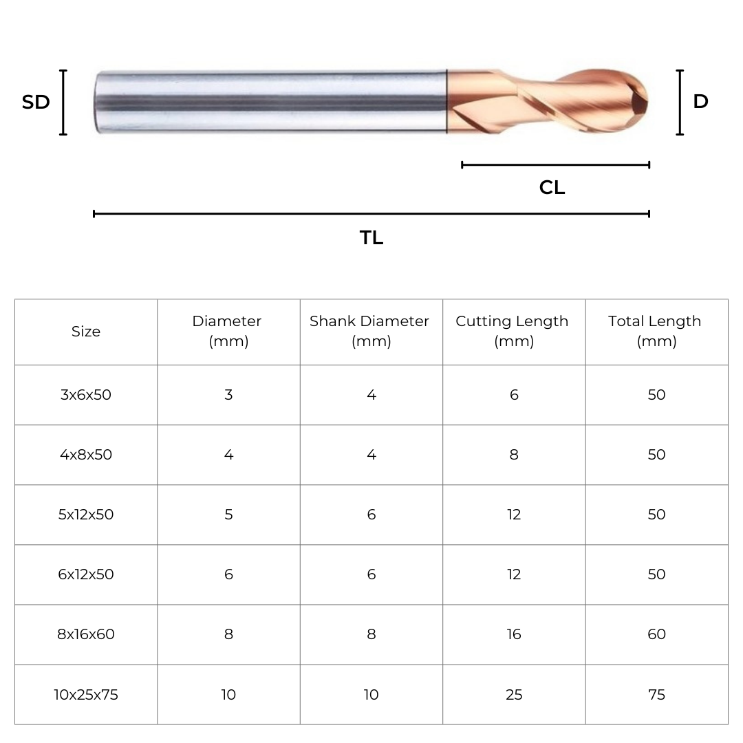 Carbide Ball Nose End Mill Ø8mm 2 Flute